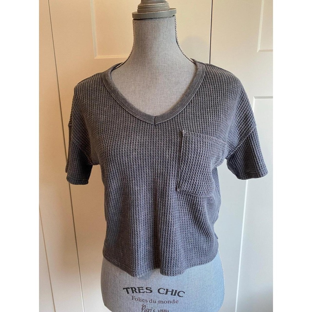 Sage & Stone Waffle Knit V Neck Chest Pocket Boxy Loose T- Shirt Small
